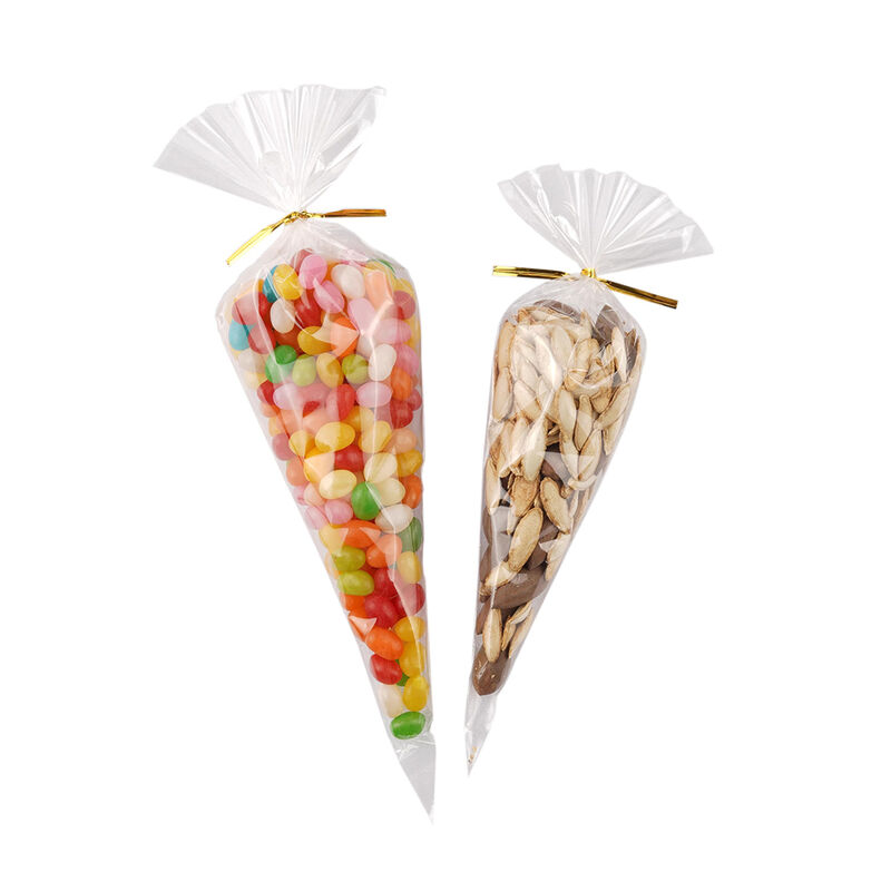 Cello Cellophane Candy Cone Bag Özel Şekil Patlamış Mısır Torbası Üçgen Plastik Açık Hamur Torbası